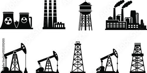 Industrial factory and energy plant silhouettes set, nuclear power, oil rig, oil pump, water tower