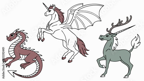 Mythical Creatures Set Dragon Unicorn Pegasus Alicorn Fantasy Illustration for Kids Books Games Web Design