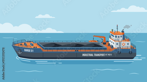 Barge carrying coal in the ocean, industrial transport vessel, cargo ship, maritime logistics