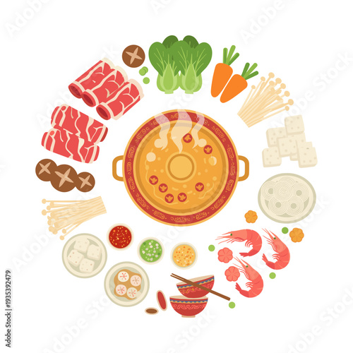 Top view of a chinese hot pot spread with fresh ingredients like sliced beef, raw shrimp, bok choy, carrots, and various mushrooms
