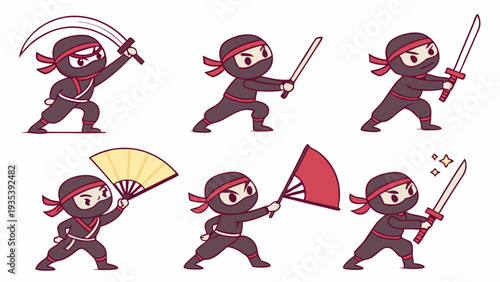 Chibi Ninja Warrior Poses with Swords and Fans for Game Design App Icon Web Elements