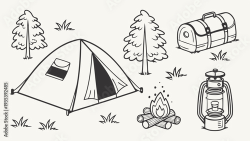 Camping Adventure Gear Outline Set Outdoor Recreation Elements for Travel Brochures Summer Vacation Web Design