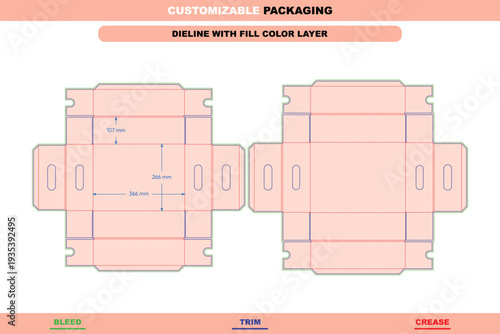 Box with lid dieline custom including hand holes for easy carrying editable customizable carton packaging template stylish branding accurate fold marks die line layout