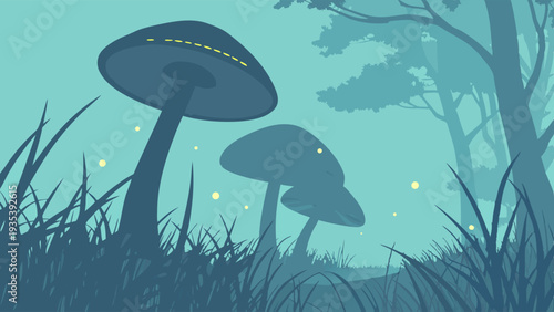 Mystical Forest Night Scene with Giant Glowing Mushrooms and Fireflies for Fantasy Game Design or Eerie Backgrounds