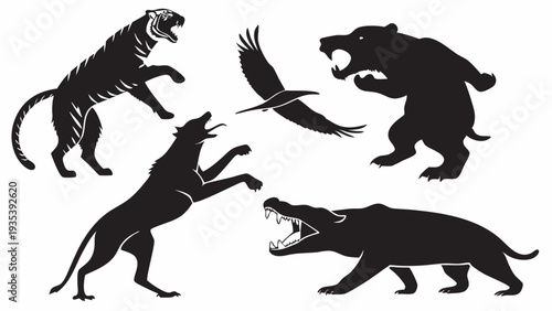 Fierce Wild Animal Silhouettes Tiger Bear Wolf Eagle Crocodile Confrontation for Gaming Design or Strength Branding