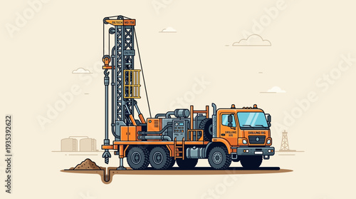 Drilling rig truck on dirt ground, industrial illustration