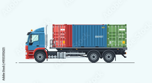 Flatbed truck carrying shipping containers, illustration