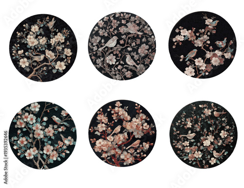 Vector set of 6 traditional Asian cherry blossom and bird circular emblems (Premium dark oriental floral badge)
(프리미엄 다크 오리엔탈 플로럴 뱃지 - 6종의 전통 아시아 벚꽃 및 새 원형 엠블럼 벡터 세트)
