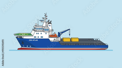 Illustration of a modern offshore support vessel with helicopter pad and cargo