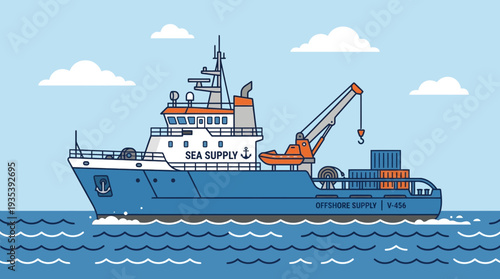 Illustration of a blue supply ship with crane, sailing on blue ocean under cloudy sky
