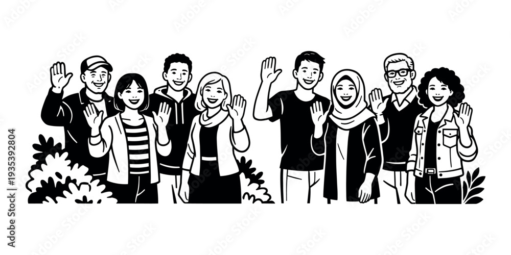 Obraz premium Diverse group of smiling individuals from various backgrounds welcoming and introducing themselves, forming a friendly and cohesive team