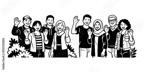 Diverse group of smiling individuals from various backgrounds welcoming and introducing themselves, forming a friendly and cohesive team