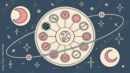 Astrology Wheel Diagram with Celestial Bodies for Horoscope Predictions and Spiritual Guidance Website Design