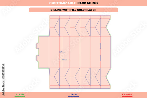 Polygonal eight sided box dieline unique in custom dimensions professional customizable paper packaging template fold lines stylish editable die line product cartons