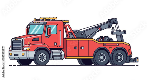Red tow truck with crane, isolated on white background, vector illustration.
