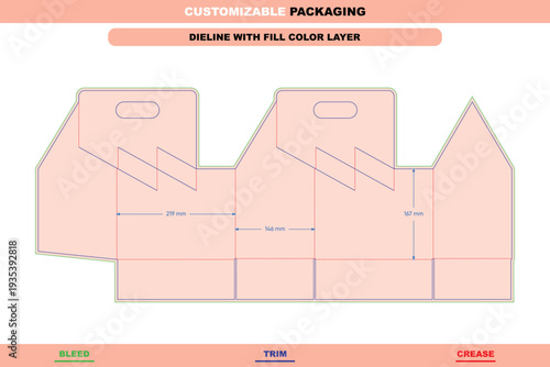 Six pack carrier box dieline with handle for cans detailed customizable vector packaging template beverages editable trendy design precise die line printing