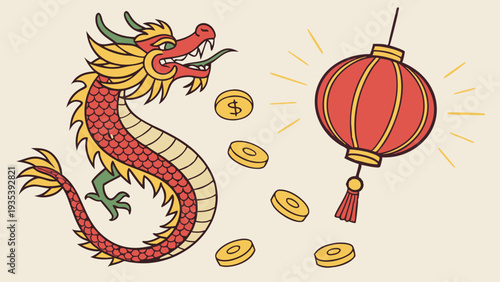 Vibrant Chinese Dragon Dancing Near Glowing Red Lantern Spilling Gold Coins for Lunar New Year Celebration Fortune
