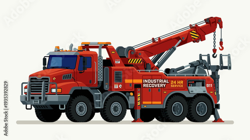 Red tow truck with extended crane and hook, industrial recovery service illustration