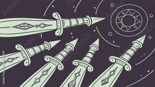 Five Glowing Mystic Swords Flying Toward Celestial Star Target for Fantasy Game Design or Spiritual Journey Web Banner