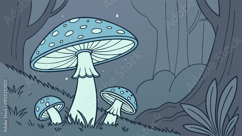 Glowing Blue Forest Mushrooms Fantasy Scene for Mystical Nature Website Design or Enchanting Children's Book Illustration