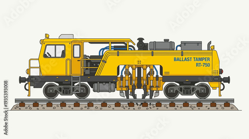 Yellow ballast tamper machine on railway tracks