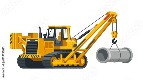 Yellow bulldozer crane lifting concrete pipe for construction