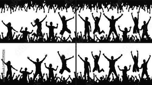 Cheering crowd silhouettes jumping at concert festival event, excited people celebrating with raised hands, party nightlife vector illustration isolated on white background