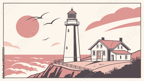 Coastal Lighthouse and Keeper's House Sunset Scene for Travel Brochures Web Design Seaside Vacation Branding