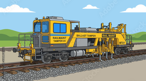 Yellow Ballast Tamper Machine on Railway Tracks