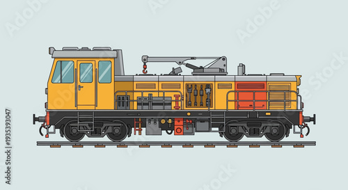 Yellow construction train locomotive with crane on tracks