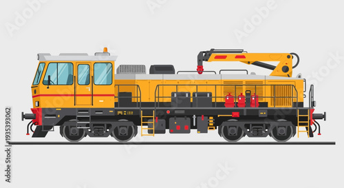 Yellow construction train with crane, side view illustration