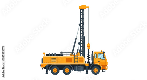 Yellow drilling rig truck for construction and industry, isolated on white background