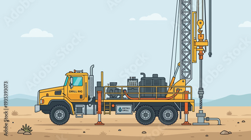 Yellow drilling rig truck on desert plain, heavy machinery for exploration