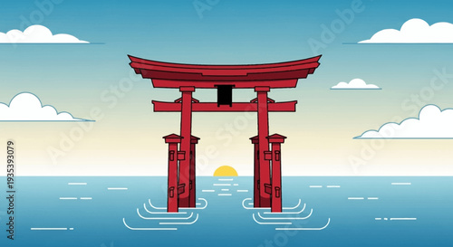 Red Torii Gate Sunrise Over Water