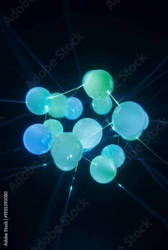 Abstract molecular structure composed of glowing blue and teal spheres connected by thin luminous lines on a dark background