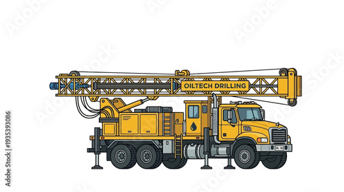 Yellow drilling rig truck with extended mast, industrial vehicle illustration