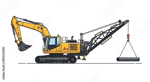 Yellow excavator lifts heavy pipe with crane arm