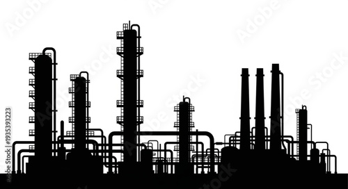 Silhouette of an industrial complex with pipes and towers against a white backdrop.