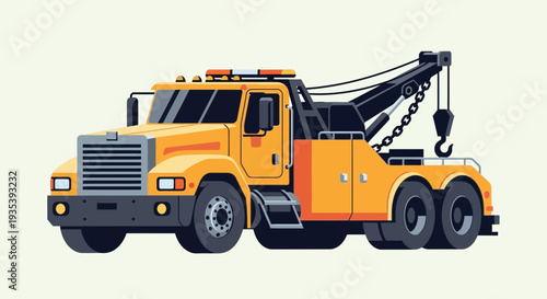 Yellow tow truck with hook and chain, flat design, vector illustration