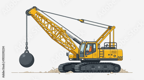 Yellow Wrecking Ball Crane on Tracks