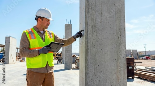 Construction inspector pointing at crack in concrete column. Engineer with tablet checking structural damage on site. Quality control concept