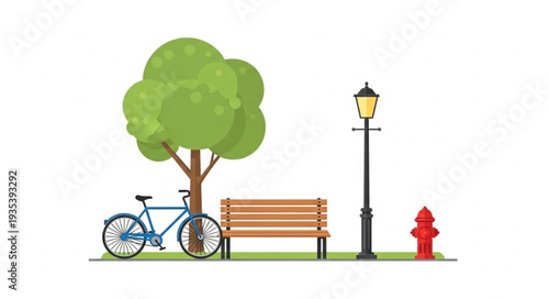 Park scene featuring a bicycle, bench, tree, lamp post, and fire hydrant.