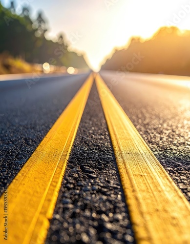 Close-up of a yellow double line on asphalt road leading towards a bright sunset.