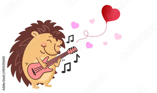 Brown hedgehog on guitar playing music. love. Audio at the concert. Text design. Installation. card or banner Valentine day. Vector illustration