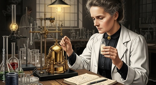 Ultra-realistic Marie Curie historical picture in the style of a textbook