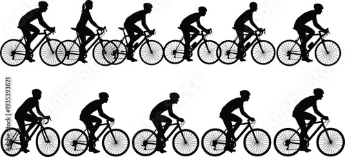 Sequence of Male and Female Cyclist Silhouettes in Motion Keywords: cyclist, cycling, bicycle, bike, silhouette, man, woman