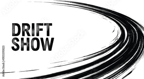 Black drift show racing tire tracks with text on isolated white background for motorsport or automotive design