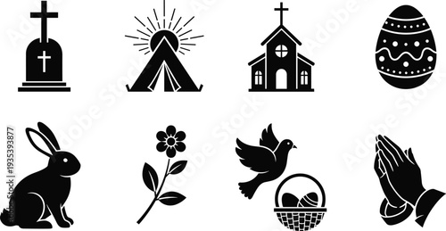 Easter Christian Icon Set with Church Cross Egg Rabbit Dove Prayer Hands and Flower Vector Collection for Religious Spring Holiday Design