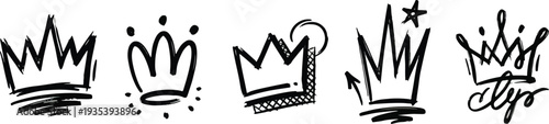 Bold brush drawn crown set. Grunge graffiti spray painted crown for street art design. Urban grunge bold brush drawn king and queen hats. Vector ink illustration. Punk doodle crown symbols.