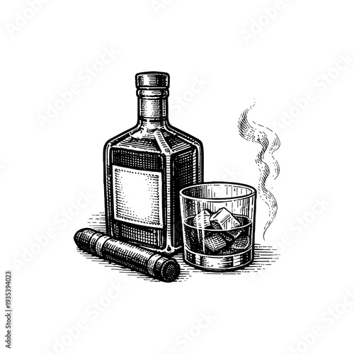 Hand-drawn sketch of a whiskey bottle and glass with ice in vintage engraving style
